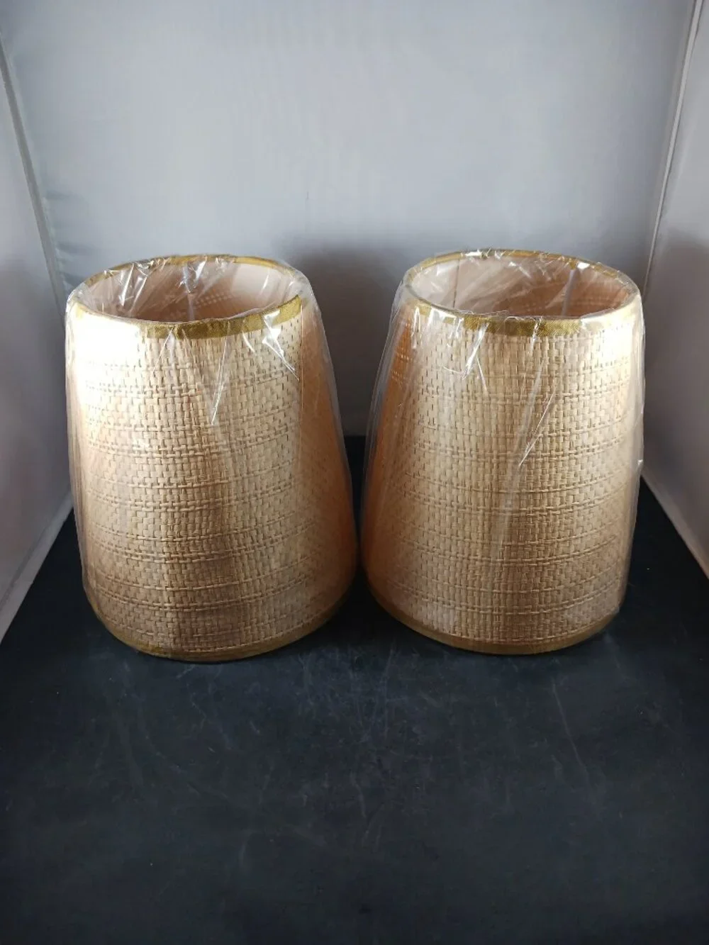 Vintage Woven Burlap Clip On Lamp Shades Pair Small Rustic Cottage